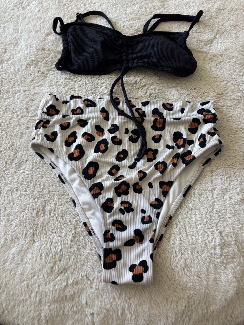 Two-Piece Bikini Set with Black Top & Leopard High-Waist Bottoms
